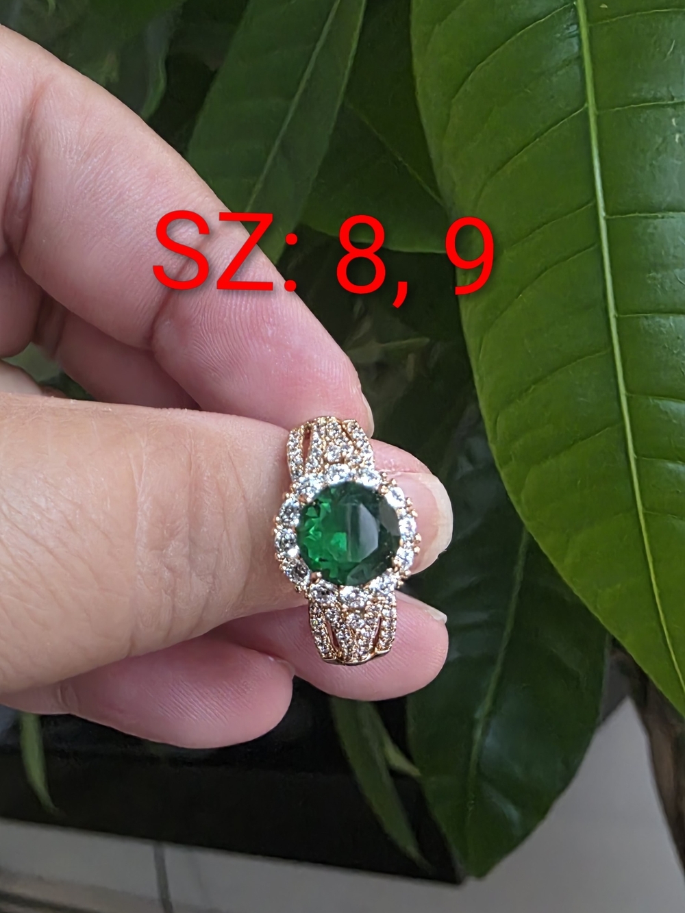 14k Gold Plated Green Crystal Halo Cocktail Ring Sz 8, 9